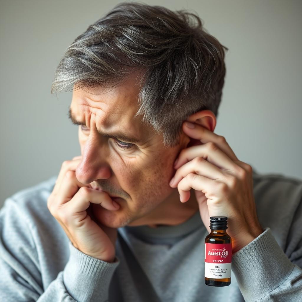 Osoba trzymająca się za ucho z wyrazem dyskomfortu spowodowanego szumami usznymi, Acust Oil PRO widoczny obok