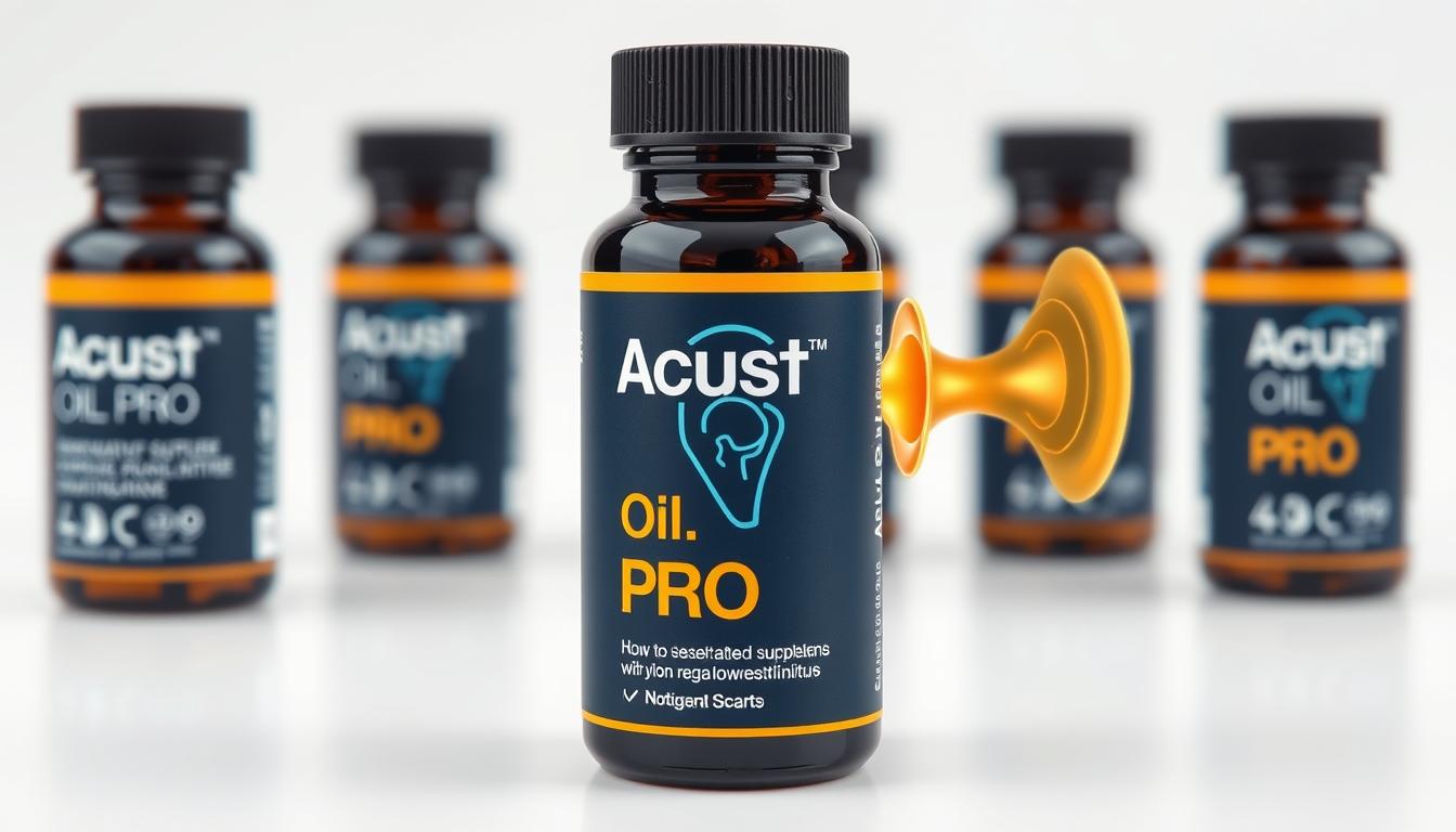 Butelka Acust Oil PRO na tle ucha z wizualizacją działania suplementu na szumy uszne