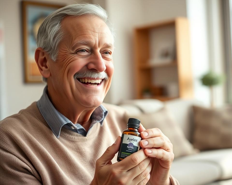 Starszy mężczyzna zadowolony z używania Aurelix Oil
