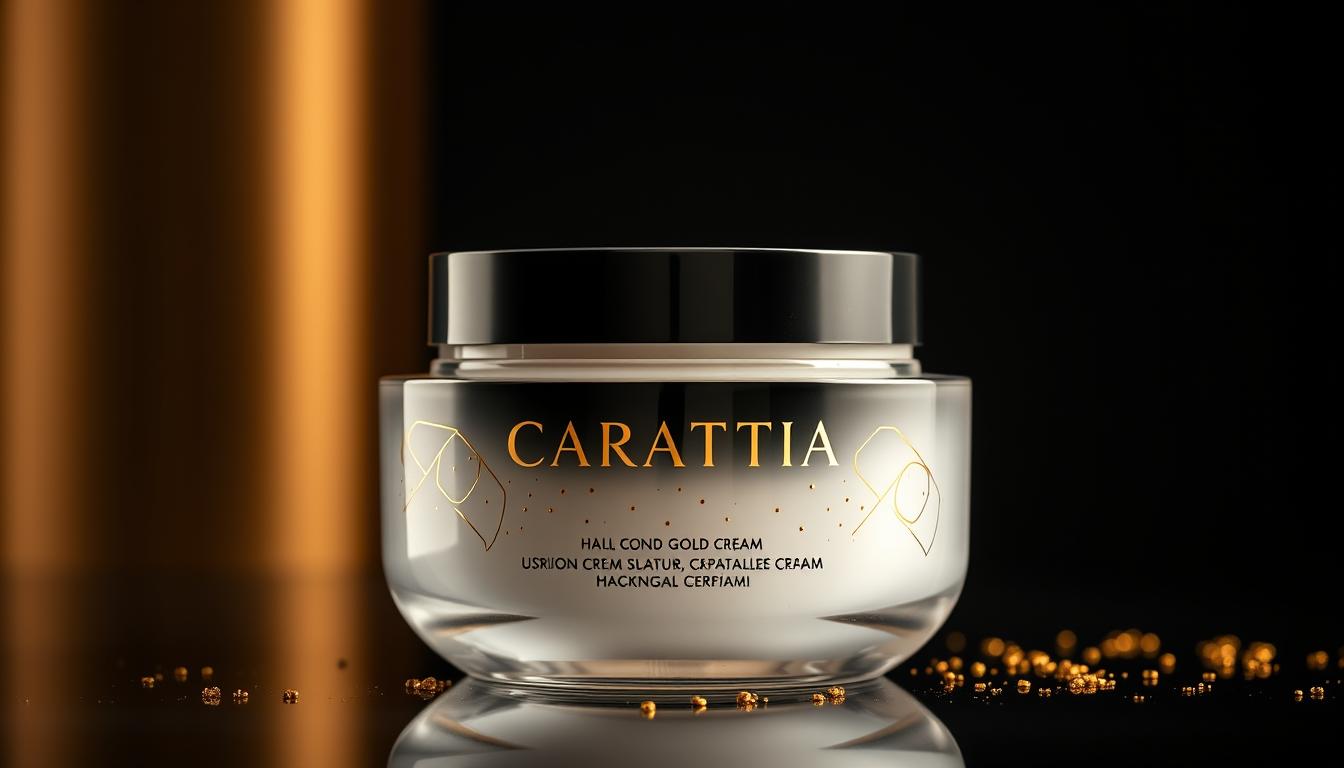 Jar of Carattia Cream with gold particles visible in the formula