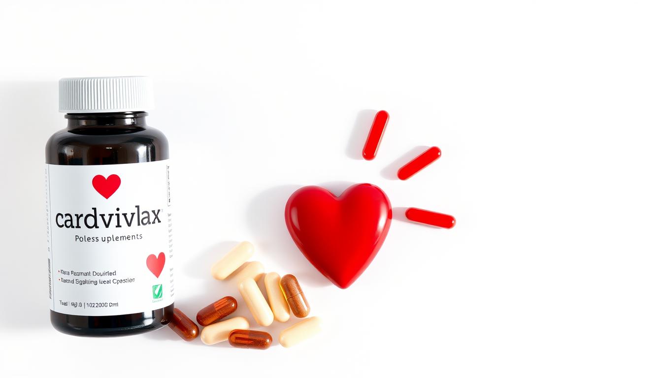 Cardivitax supplement bottle and capsules with heart health imagery