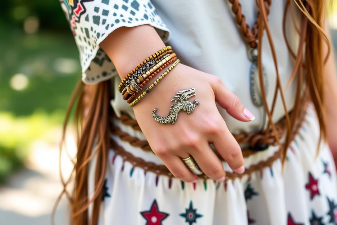 Dragon Pattern Bracelet w stylizacji boho z wieloma innymi bransoletkami