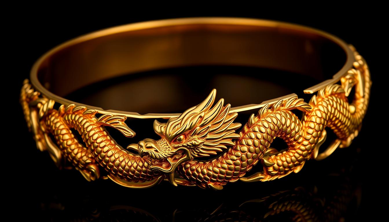 Elegancka bransoletka z motywem smoka w kolorze złotym na czarnym tle