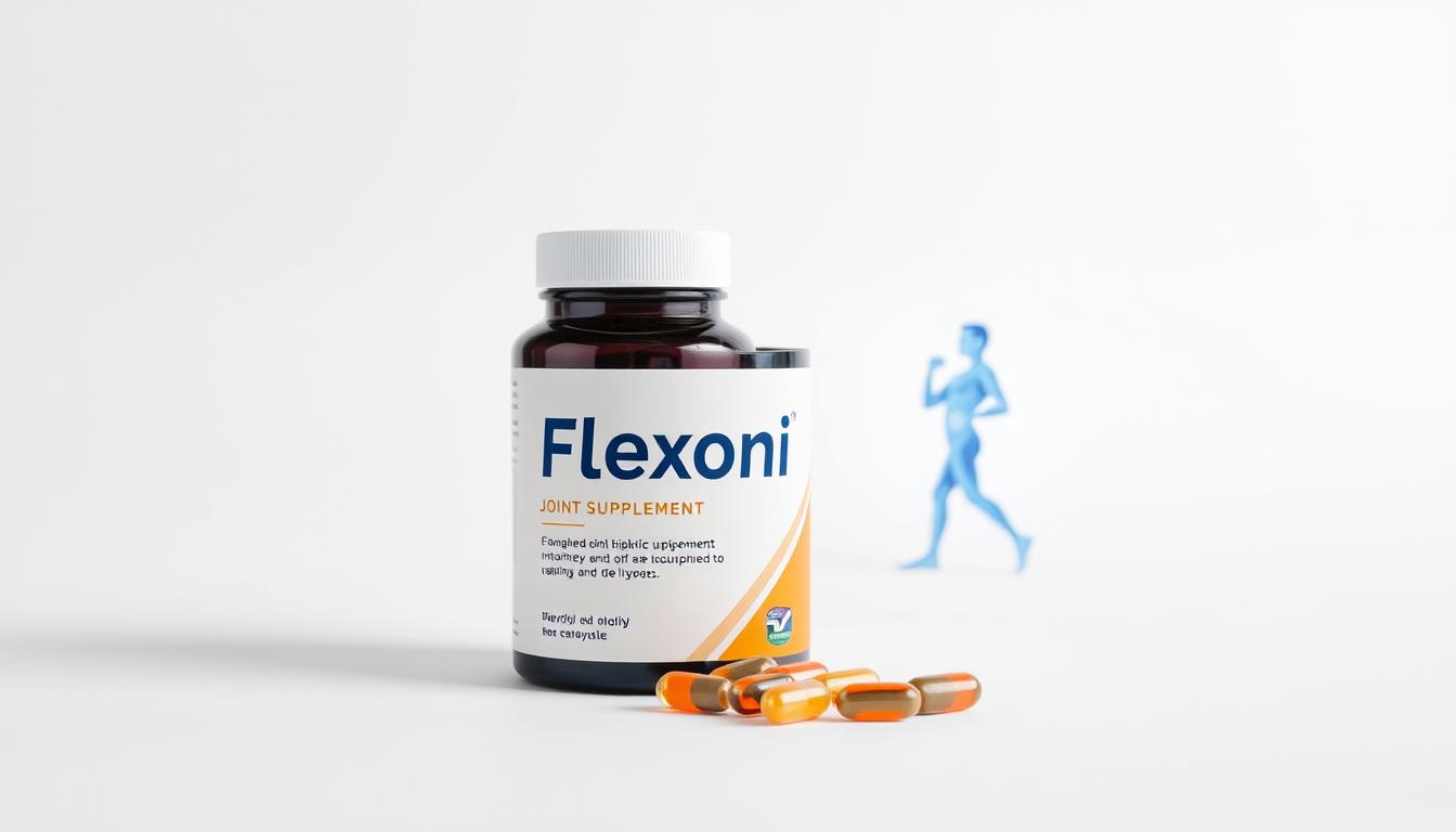 Opakowanie suplementu Flexoni na tle zdrowych, aktywnych stawów