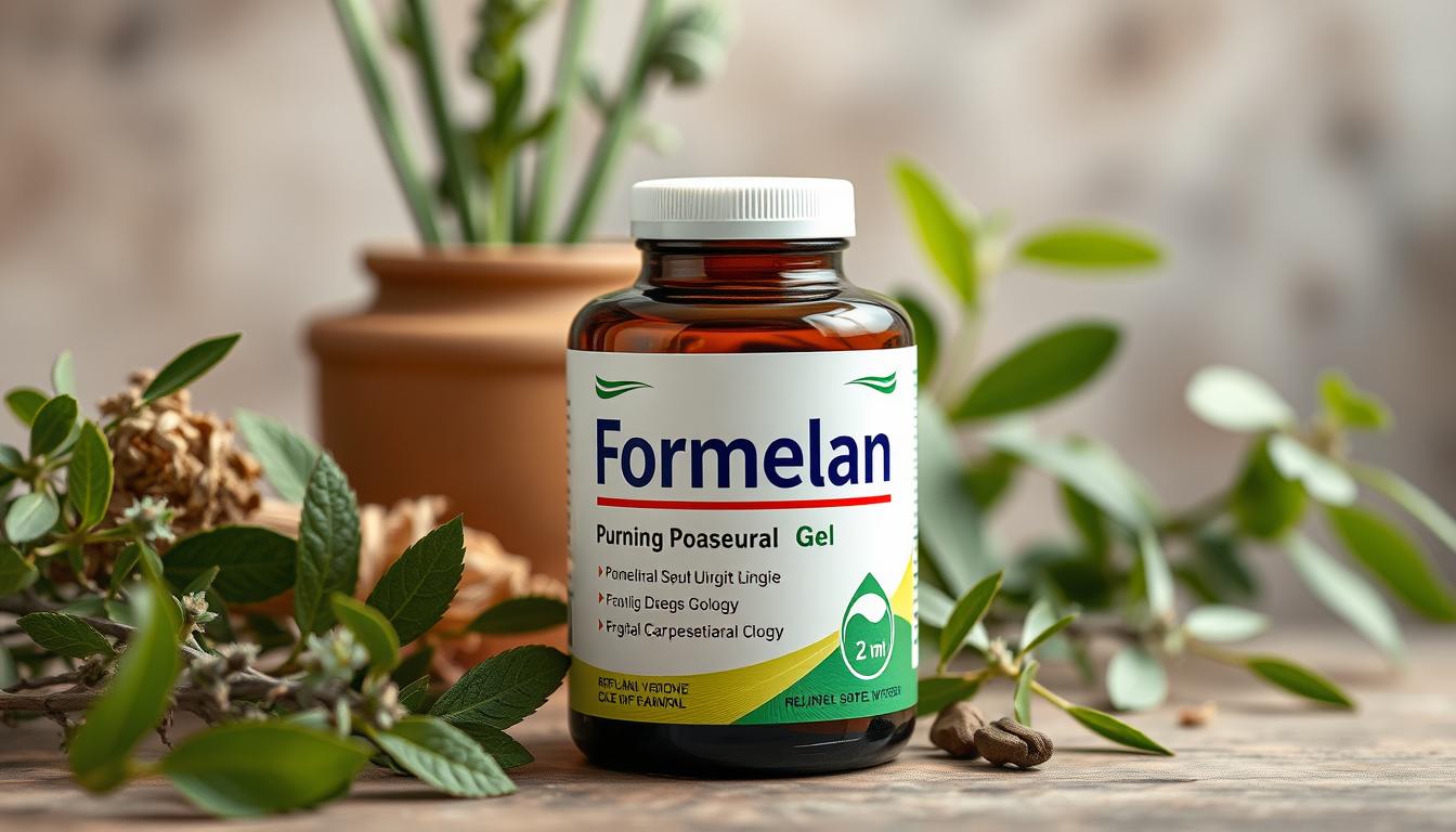 Opakowanie żelu Formelan na naturalnym tle z ziołami