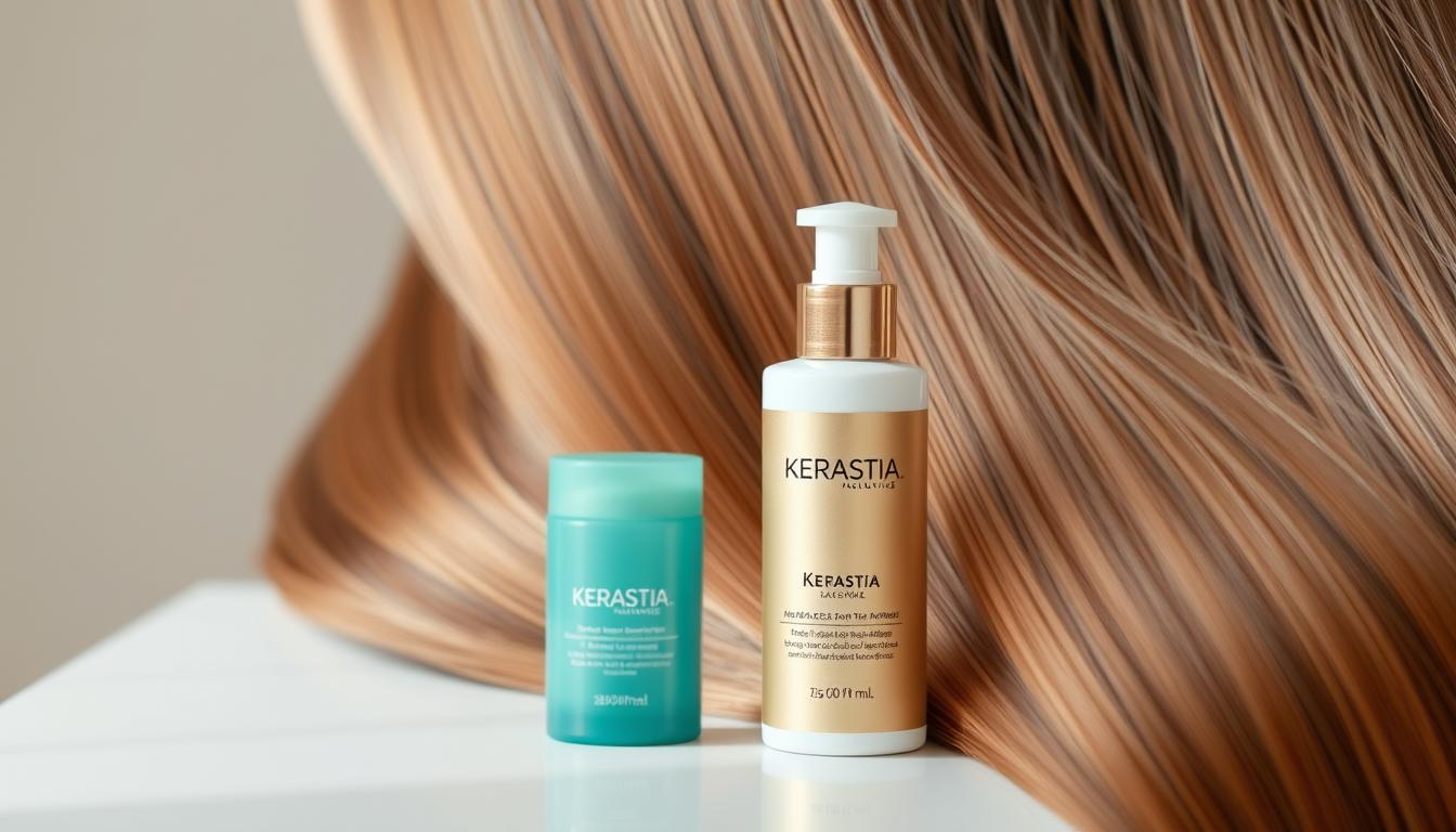 Opakowanie produktu Kerastia na tle zdrowych, lśniących włosów