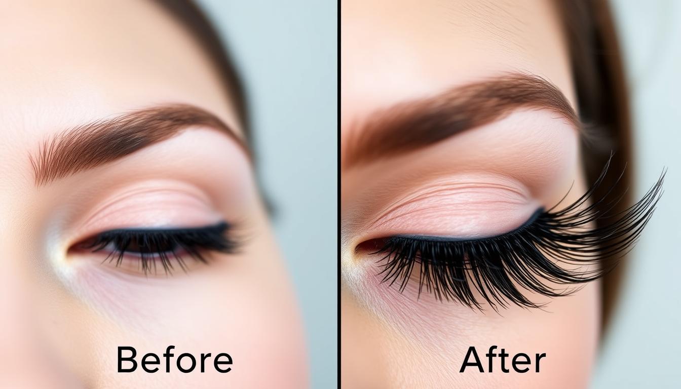 Kobieta z długimi, gęstymi rzęsami po zastosowaniu serumu LumixLash
