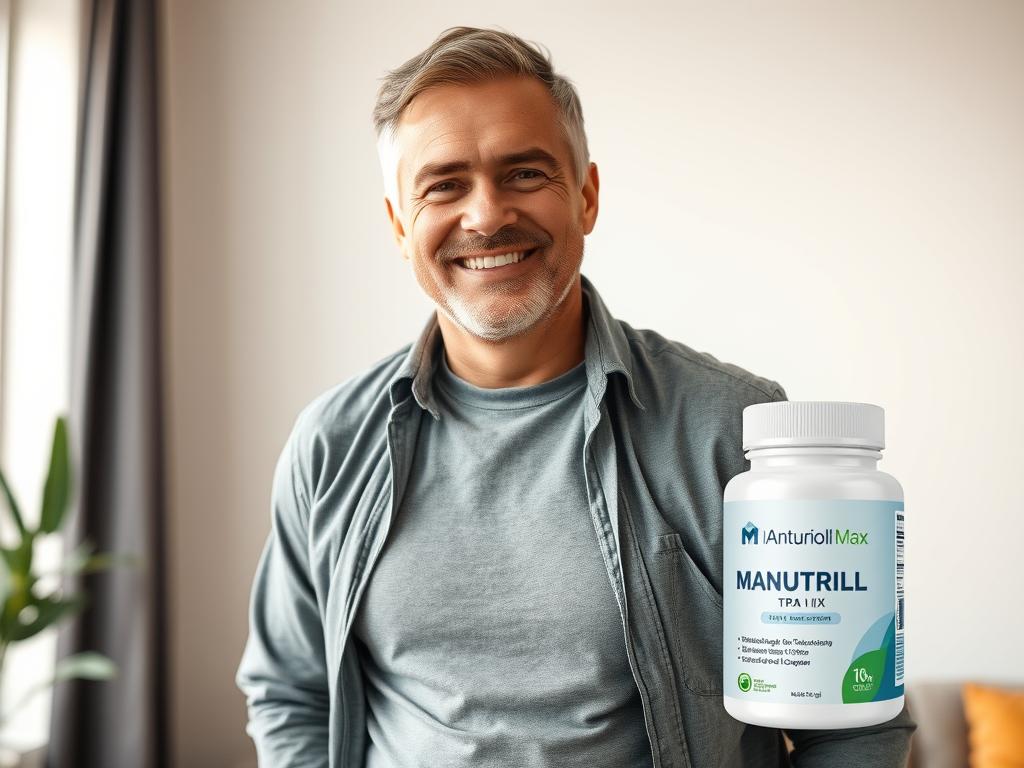 Mężczyzna w średnim wieku uśmiechający się, symbolizujący korzyści zdrowotne Manutrill Max