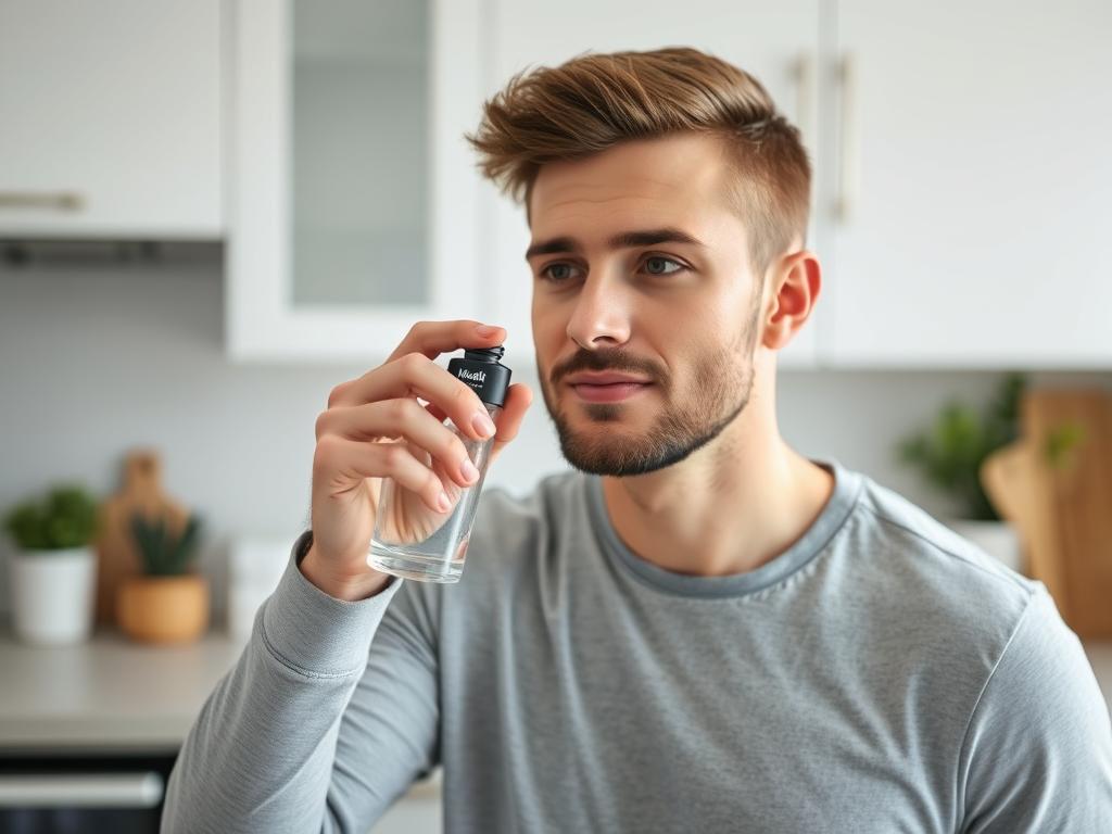 Mężczyzna przyjmujący suplement Menstill z wodą