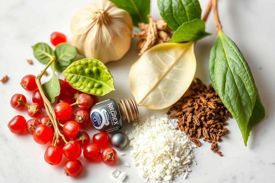 Zbliżenie na naturalne składniki Nicosinex: jagody goji, liście morwy białej i inne ekstrakty roślinne
