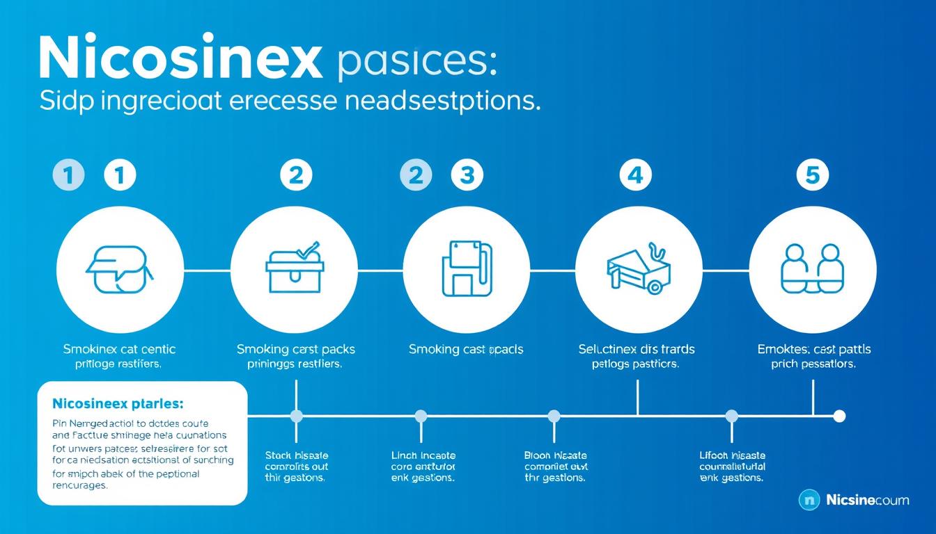 Infografika przedstawiająca 5 etapów działania plastrów Nicosinex w procesie rzucania palenia