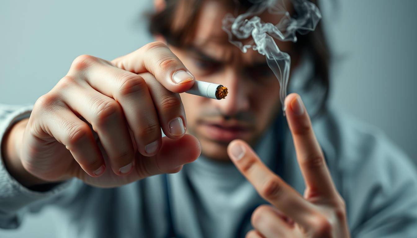 Osoba sięgająca po papierosa z widocznym wewnętrznym konfliktem - wizualizacja nałogu nikotynowego