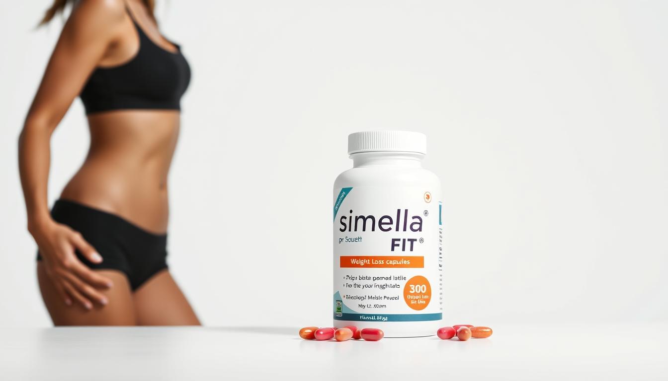 Opakowanie kapsułek Slimella FIT na tle szczupłej sylwetki kobiety