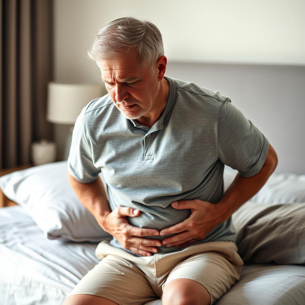 Mężczyzna w średnim wieku z wyrazem dyskomfortu