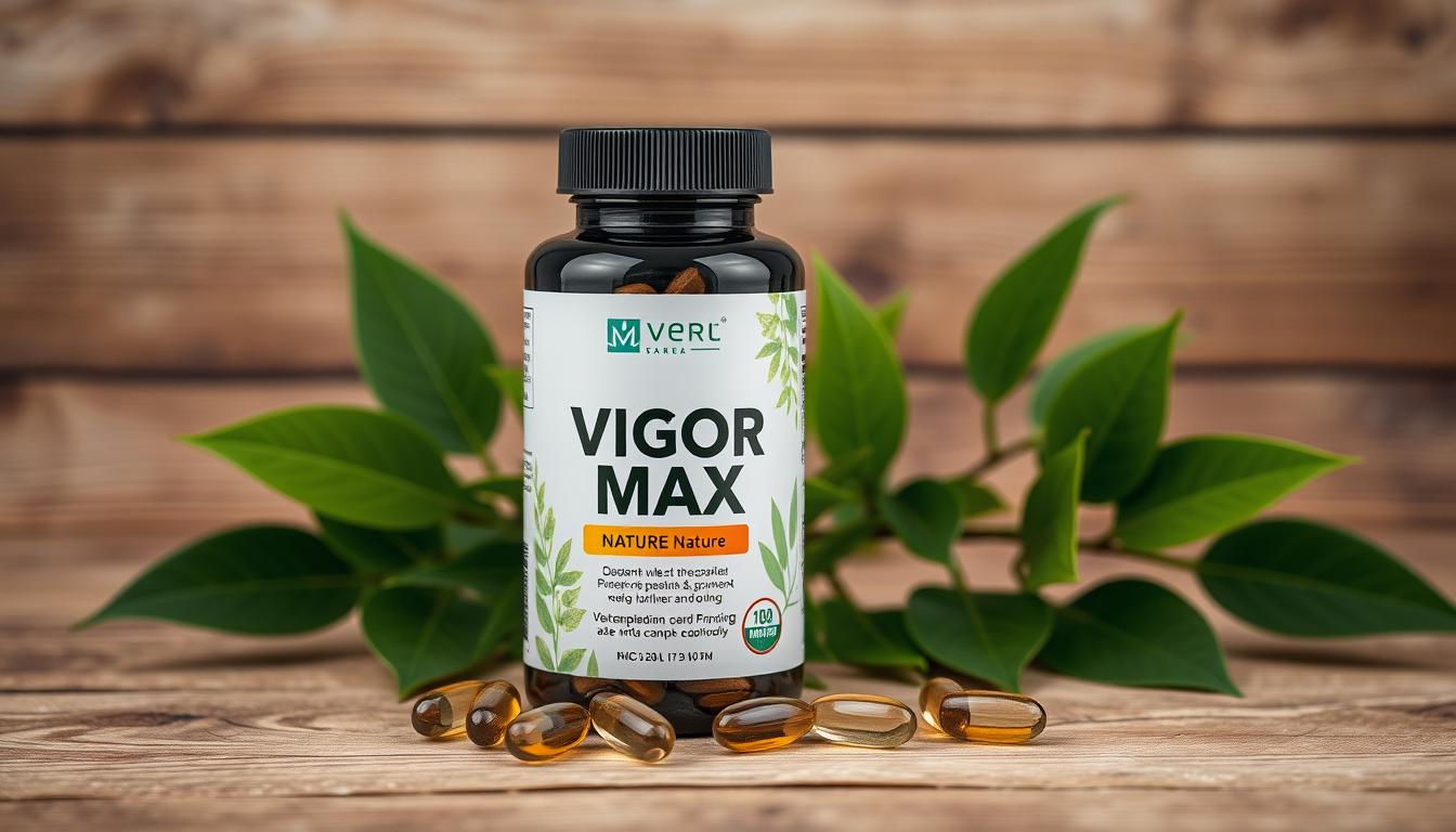 Vigor Max Nature supplement bottle and capsules on natural background